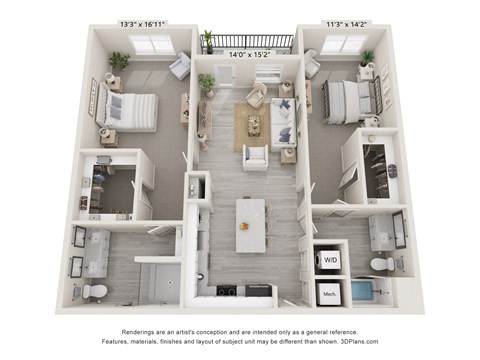 Floor plan for 2 beds, 2 baths, 1325 sqft